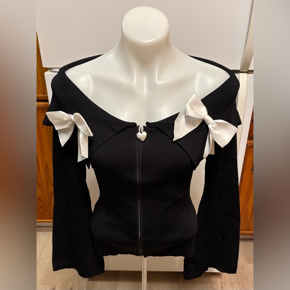 Dolls Kill Comfy Black Off-Shoulder Top with White Bows